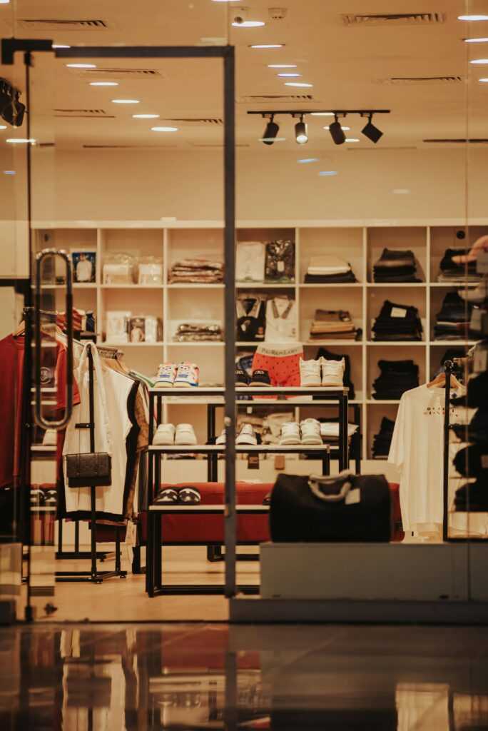 Modern clothing store with fashionable display and organized shelves.